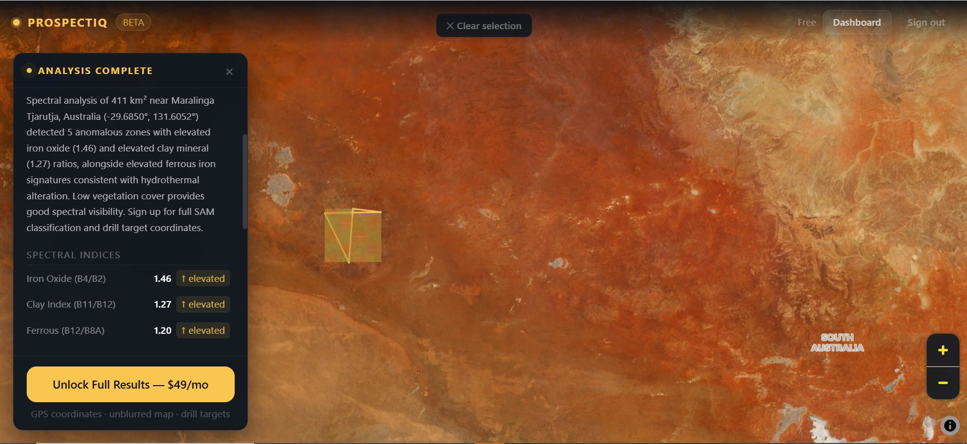 ProspectIQ spectral indices results for 411 km² area near Maralinga Tjarutja, Australia showing Iron Oxide 1.46, Clay Index 1.27, and Ferrous 1.20 all marked as elevated