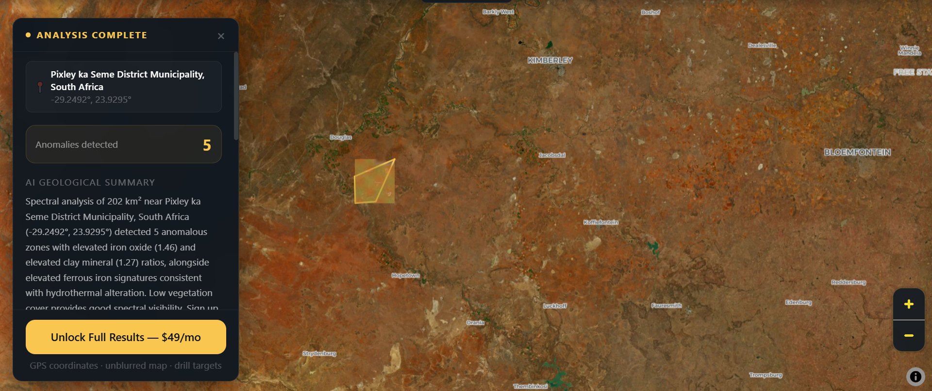 ProspectIQ analysis showing 5 anomalies detected in Pixley ka Seme District Municipality, South Africa, with AI geological summary describing elevated iron oxide and clay mineral signatures consistent with hydrothermal alteration
