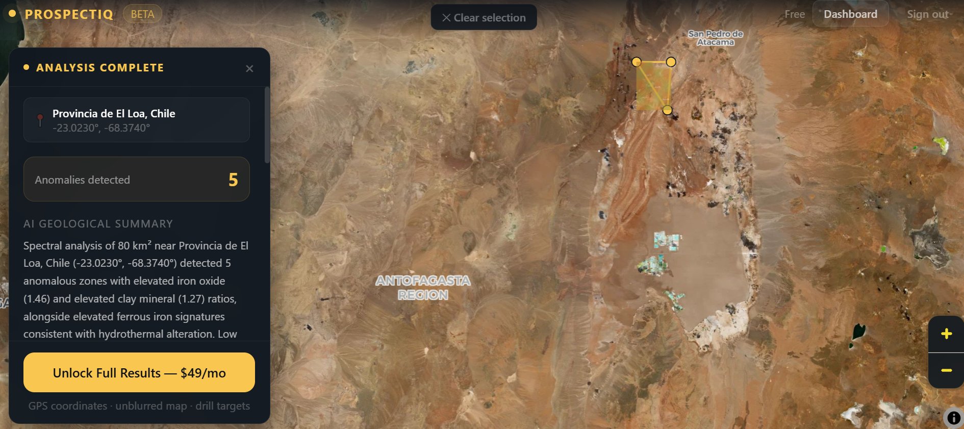 ProspectIQ analysis of 80 km² area in Provincia de El Loa, Chile detecting 5 copper anomalies with elevated iron oxide 1.46 and clay mineral 1.27 ratios in the Atacama copper belt