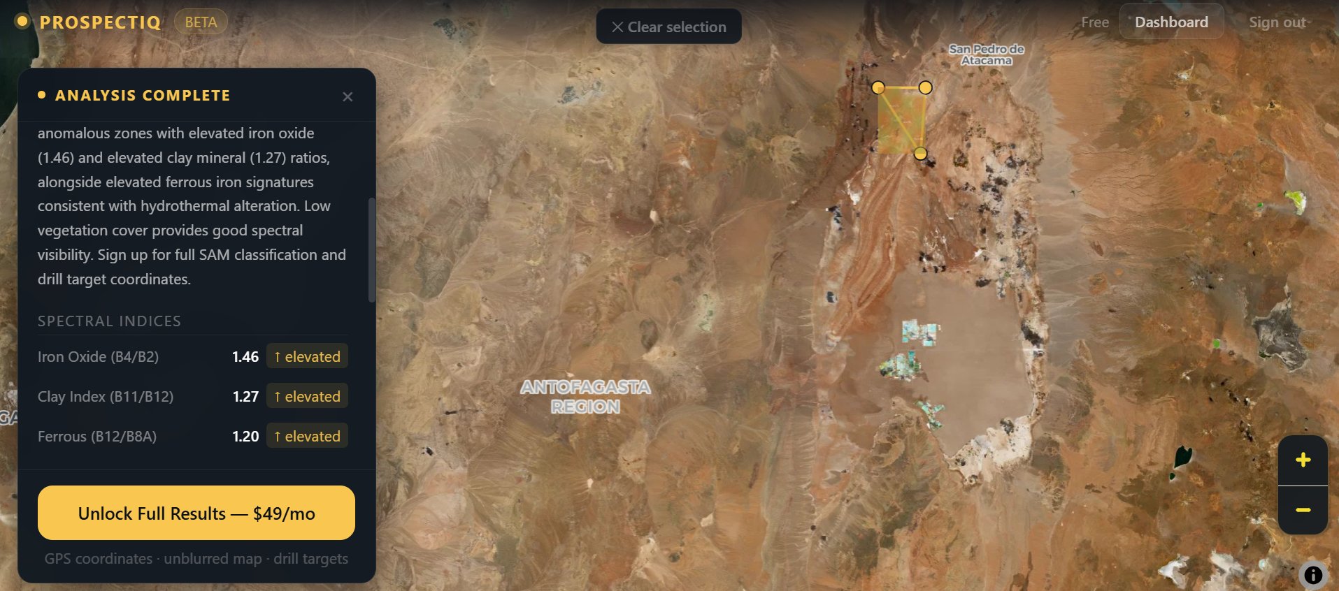 ProspectIQ spectral indices panel showing Iron Oxide 1.46, Clay Index 1.27, and Ferrous 1.20 all elevated for the Atacama copper target in Chile