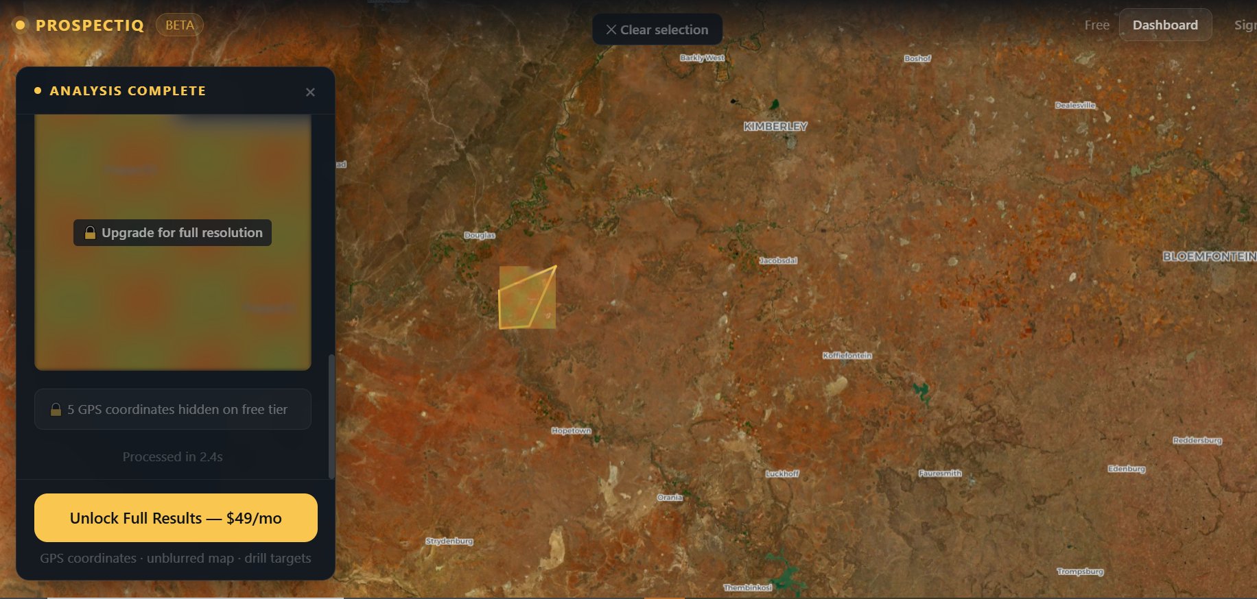 ProspectIQ free tier results showing blurred heat map with upgrade prompt revealing 5 GPS coordinates hidden behind paywall, processed in 2.4 seconds