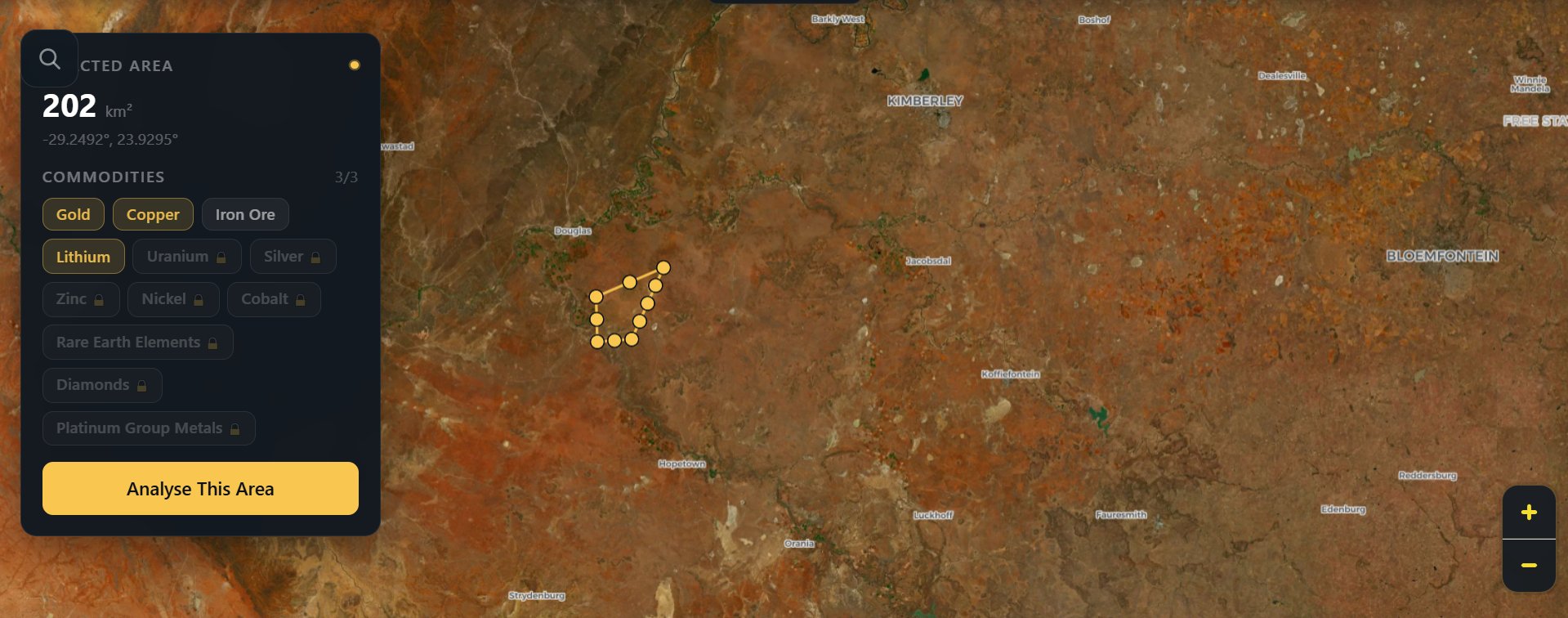 ProspectIQ commodity selector showing Gold, Copper, Iron Ore, and Lithium options with a 202 km² polygon drawn near Douglas, South Africa