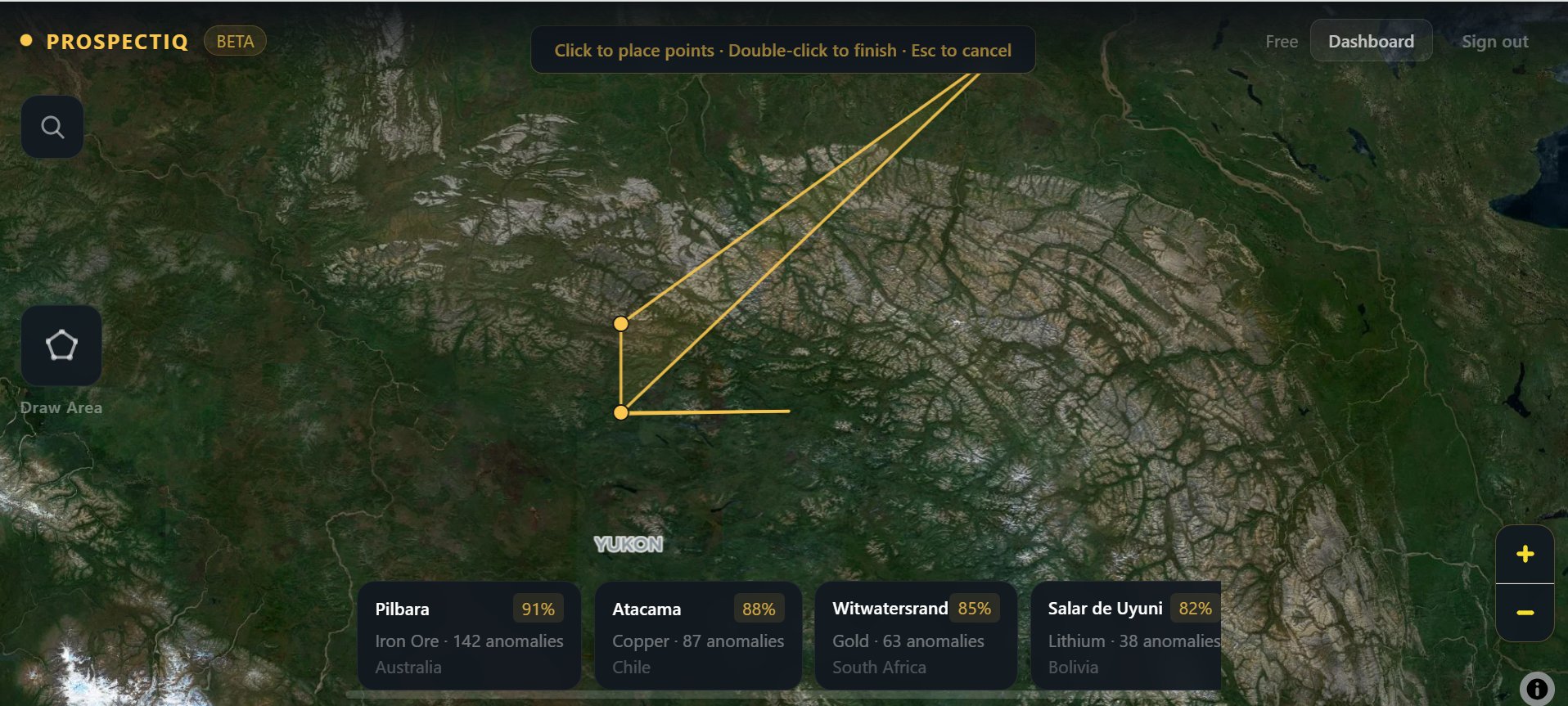 ProspectIQ draw area workflow showing polygon being sketched over Yukon territory with showcase mineral districts visible at the bottom