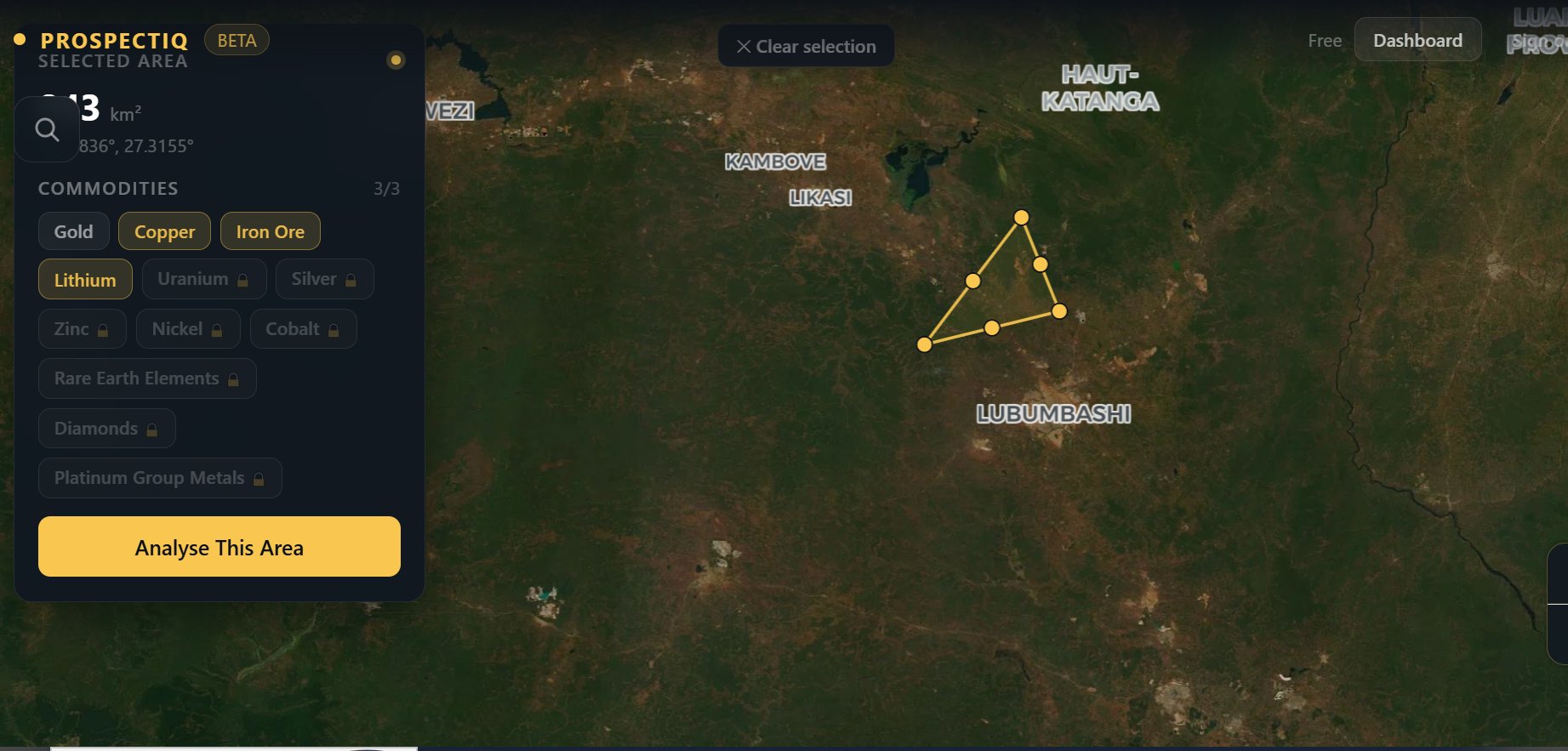 ProspectIQ target polygon drawn over the DRC Copper Belt near Lubumbashi, Haut-Katanga, showing dense vegetation cover challenging for satellite spectral analysis