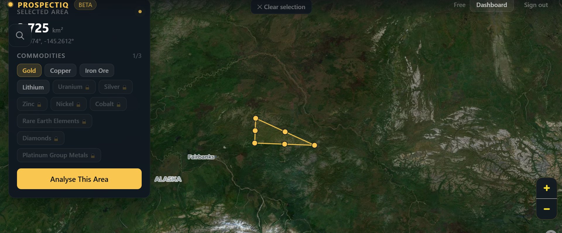 ProspectIQ interface showing 725 km² polygon drawn near Fairbanks, Alaska with Gold commodity selected from the list including Copper, Iron Ore, and Lithium
