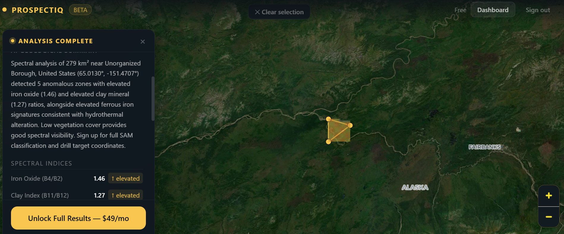 ProspectIQ analysis complete panel for 279 km² area near Unorganized Borough, Alaska showing 5 anomalous zones with elevated iron oxide, clay mineral, and ferrous iron signatures consistent with hydrothermal alteration