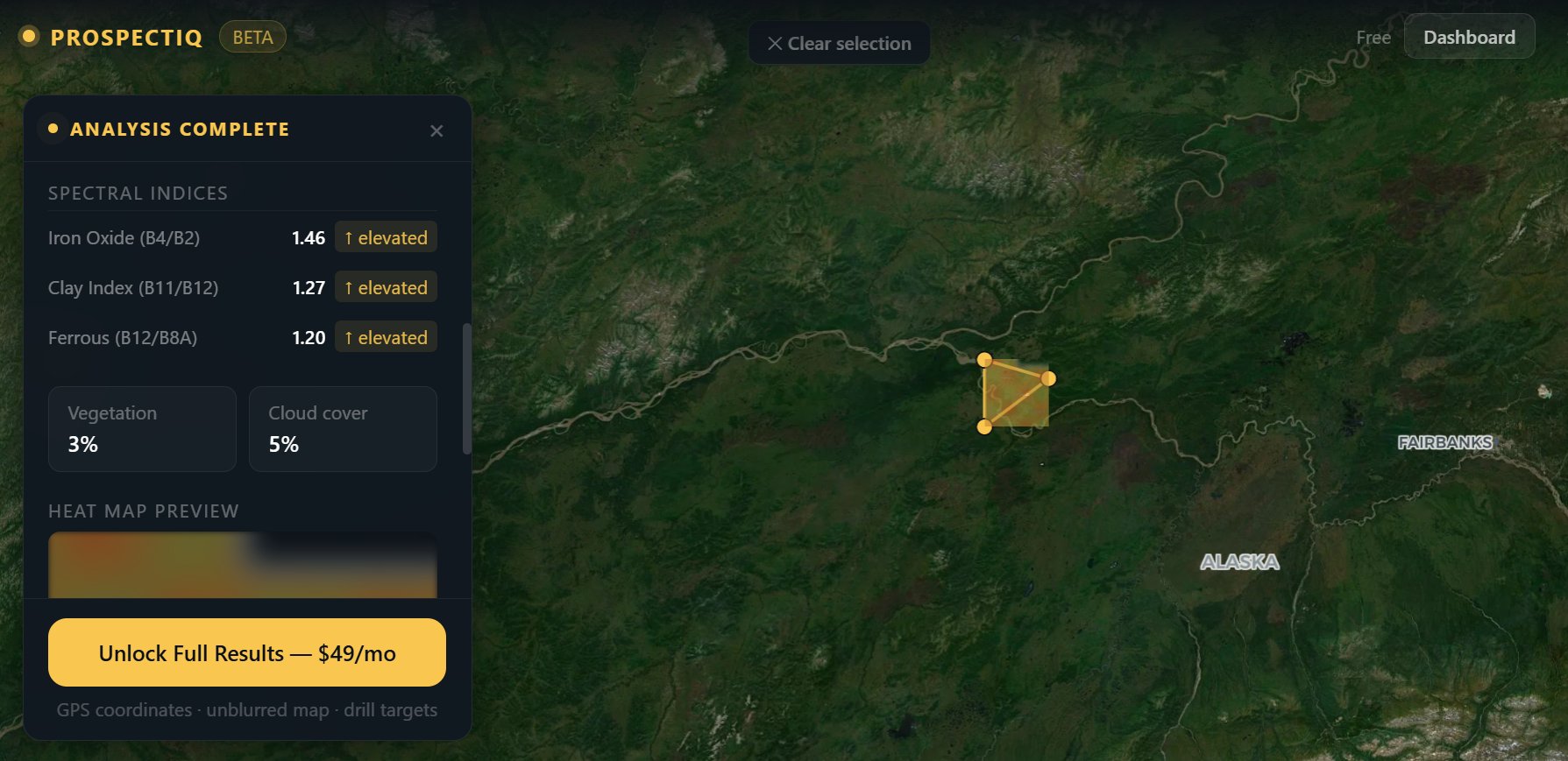 ProspectIQ spectral indices panel showing Iron Oxide 1.46, Clay Index 1.27, Ferrous 1.20 all elevated, plus 3% vegetation cover and 5% cloud cover for the Alaska target