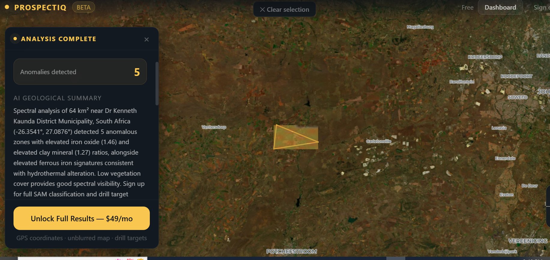 ProspectIQ analysis of 64 km² area near Dr Kenneth Kaunda District Municipality, South Africa in the Witwatersrand Basin, detecting 5 gold anomalies with elevated iron oxide and clay signatures
